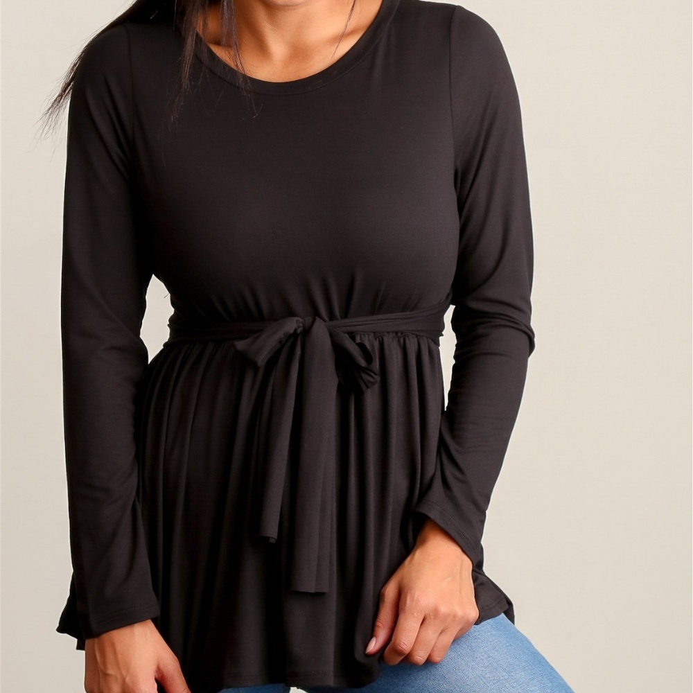 NWOT Sun n Moon Black Round Neck Tie Waist Blouse - Picture 2 of 4